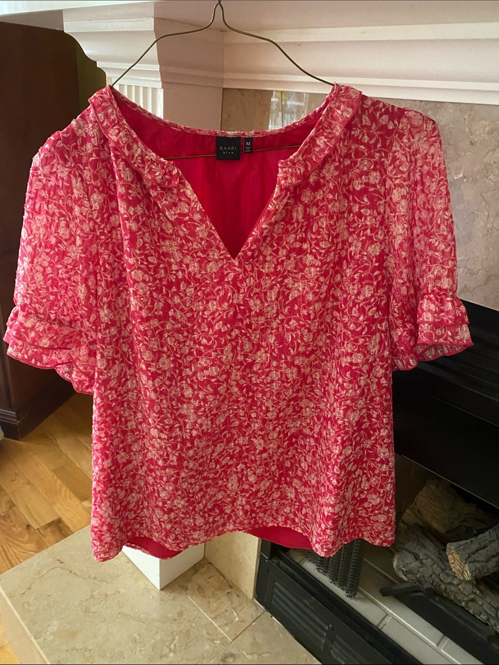 Kaari Blue Pink Floral V-Neck Ruffle Sleeve Blouse